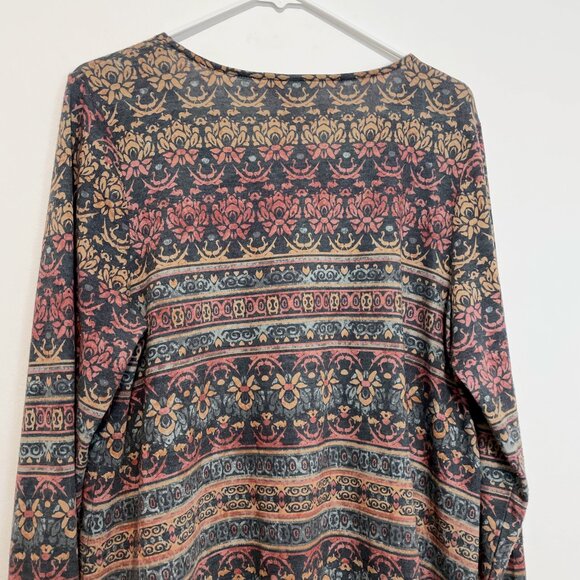 COLDWATER CREEK Black Red Multi Geometric Boho Distressed Look Long Sleeve Top L - Picture 11 of 14